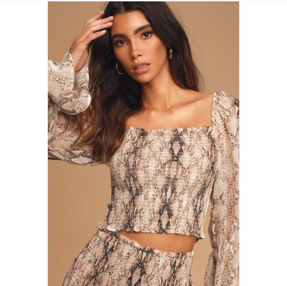 Lulus Python a Roll Brown Snake Smocked Crop Top S